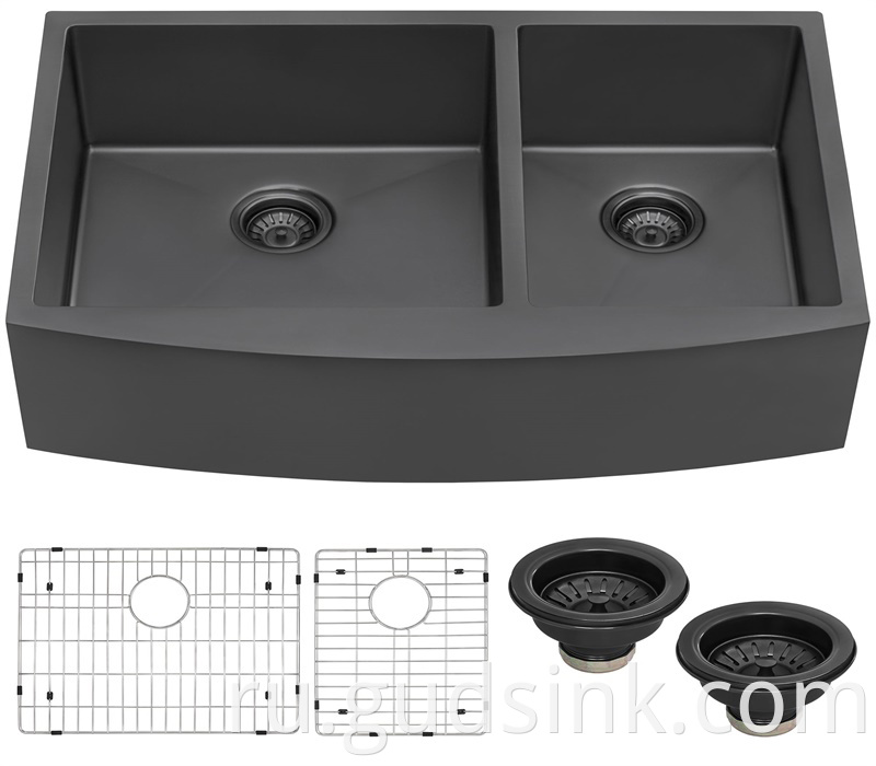 33 Inch Gunmetal Black Stainless Steel 60 40 Double Bowl Apron Front Farmhouse Kitchen Sink 6 Jpg